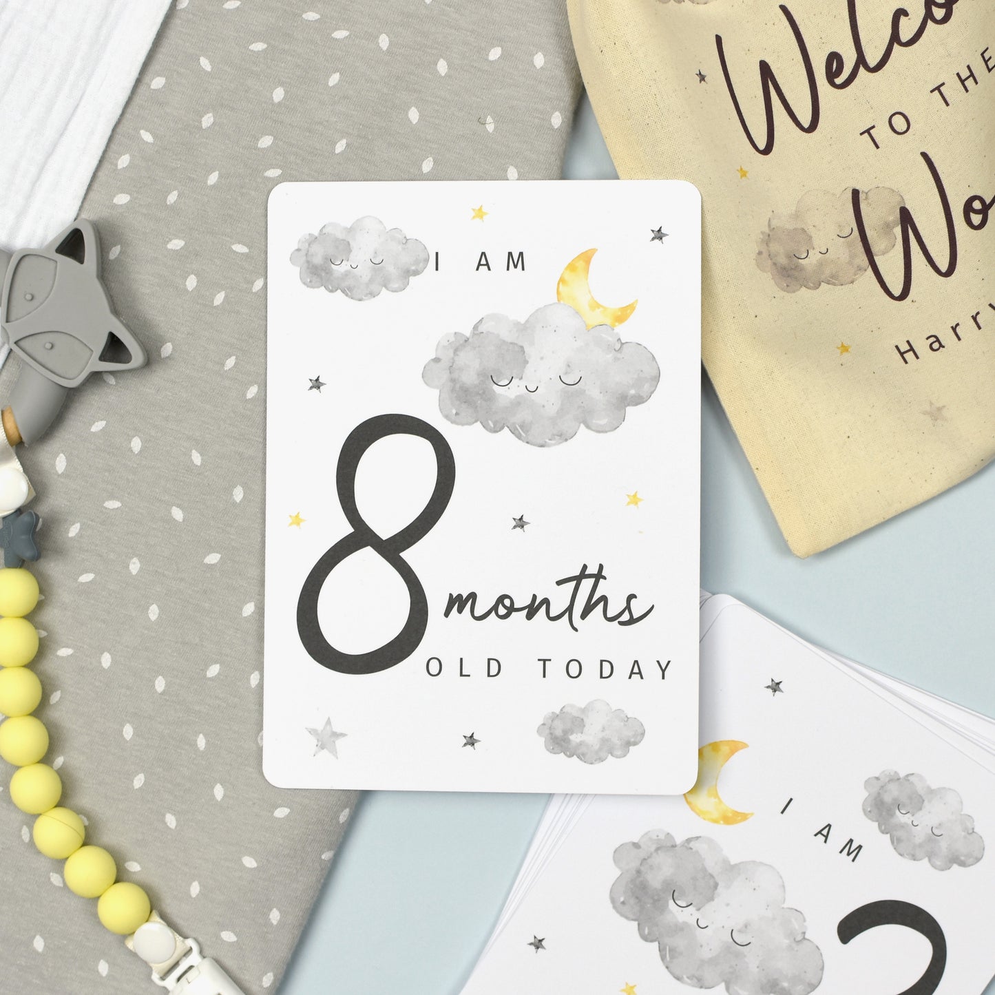 Personalised Cloud Baby Milestone Cards In Drawstring Bag