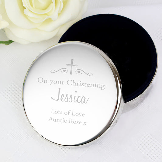 Personalised Religious Swirls & Hearts Round Trinket Box