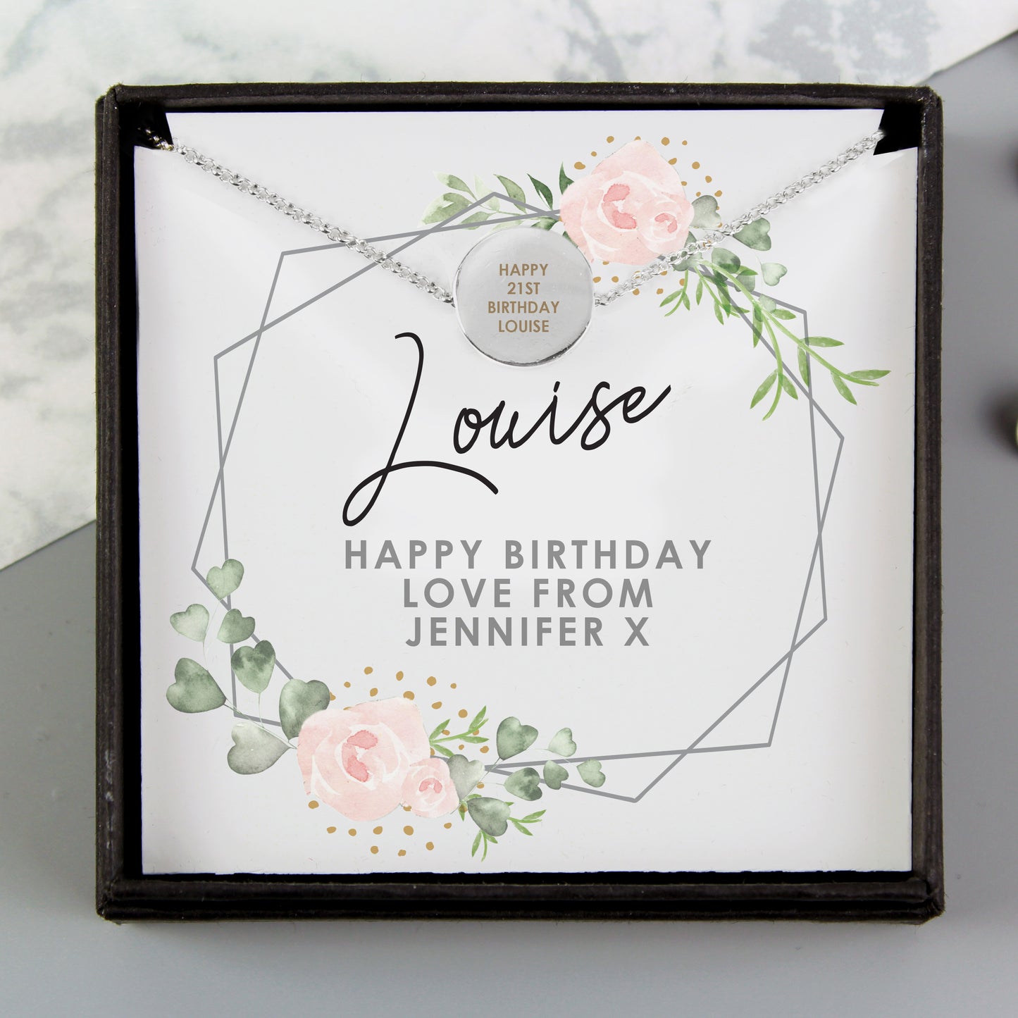 Personalised Abstract Rose Sentiment Silver Tone Necklace and Box