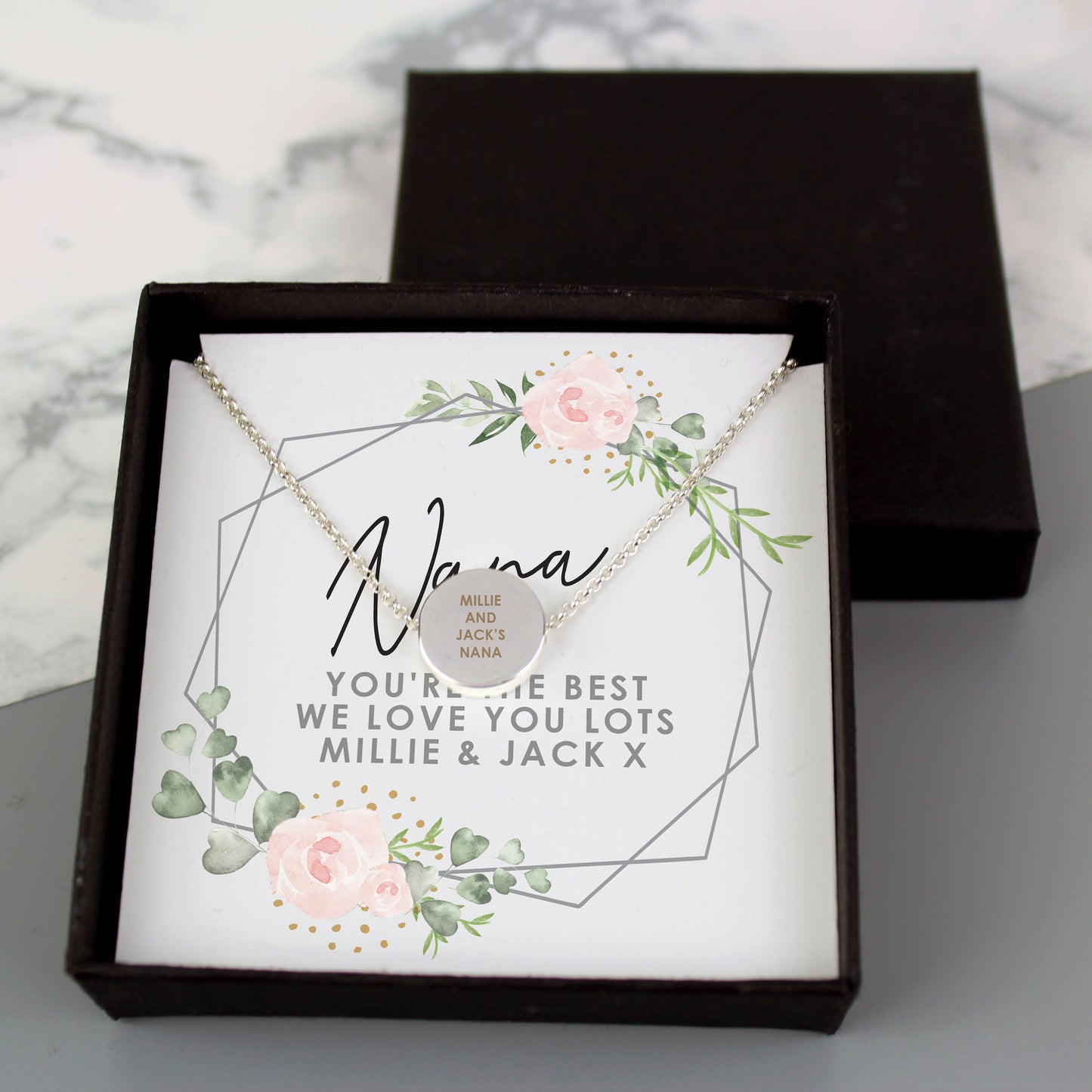 Personalised Abstract Rose Sentiment Silver Tone Necklace and Box