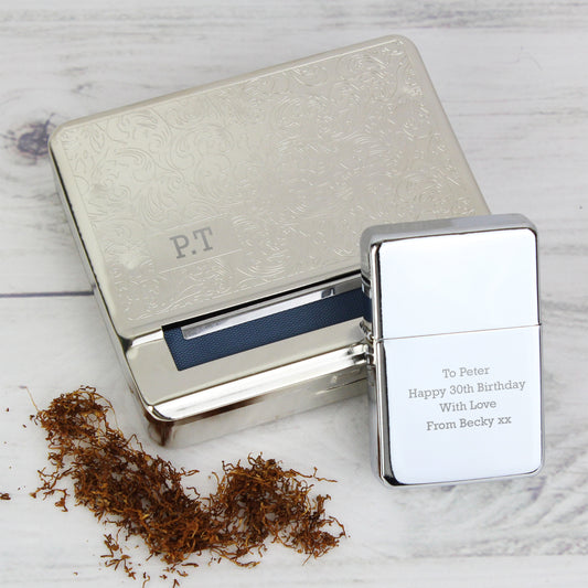 Personalised Tobacco Rolling Tin and Silver Lighter Set