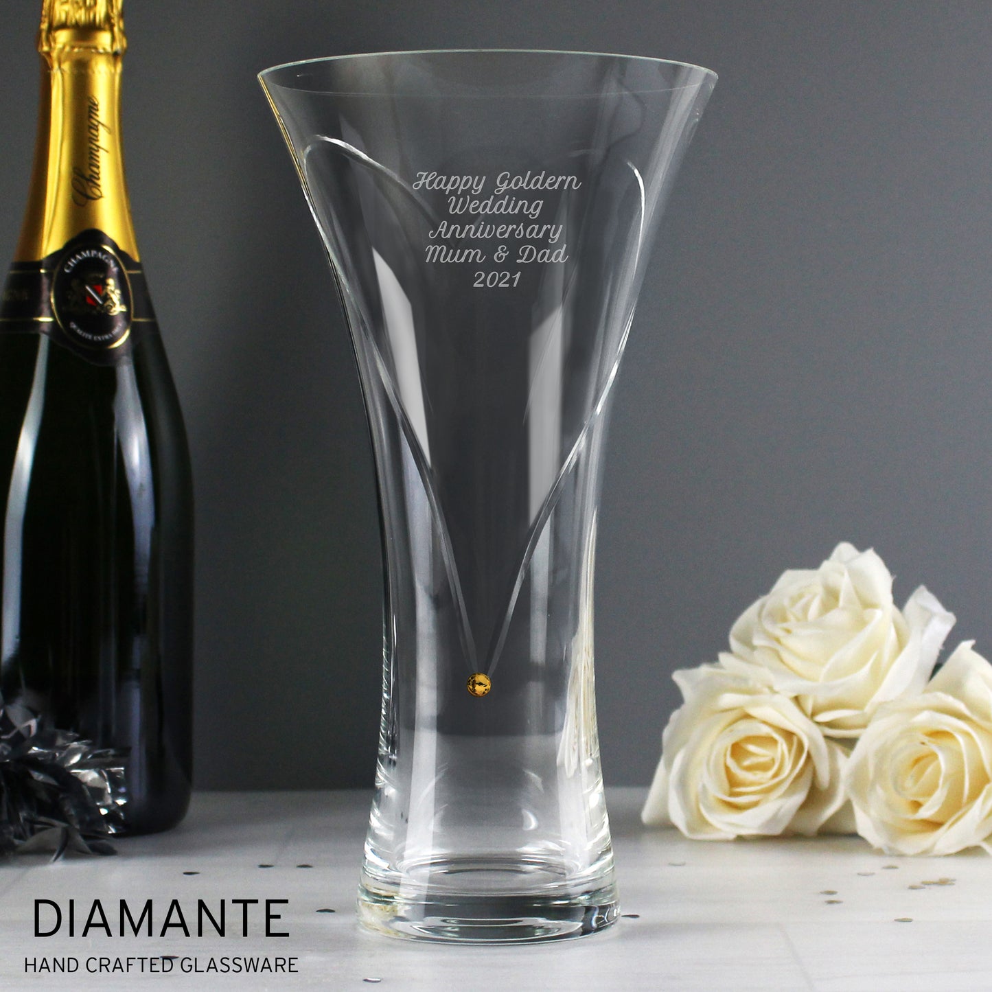 Personalised Large Hand Cut Gold Diamante Heart Vase