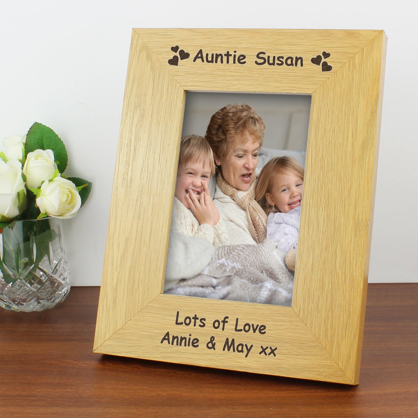 Personalised Hearts 6x4 Oak Finish Photo Frame