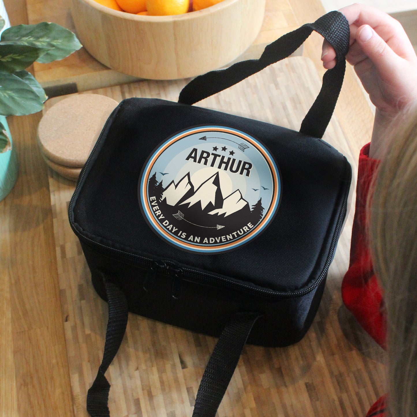 Personalised Adventure Black Lunch Bag