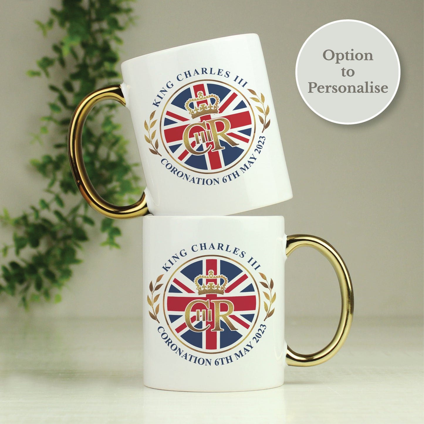 Personalised King Charles III Union Jack Coronation Commemorative Gold Handled Mug