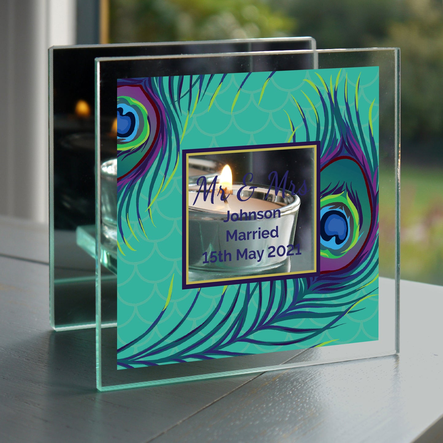 Personalised Peacock Mirrored Glass Tea Light Candle Holder