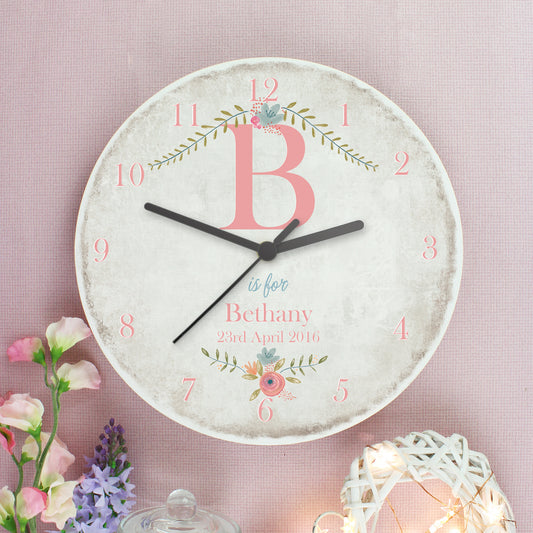 Personalised Floral Bouquet Shabby Chic Large Wooden Clock