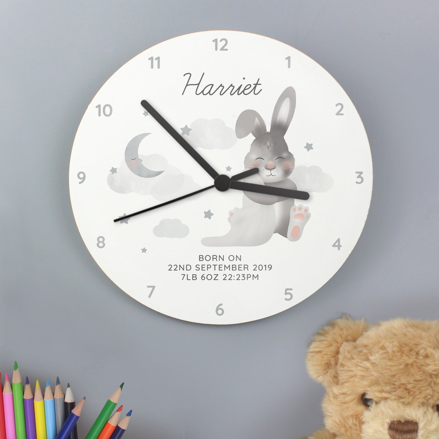 Personalised Baby Bunny White Wooden Clock