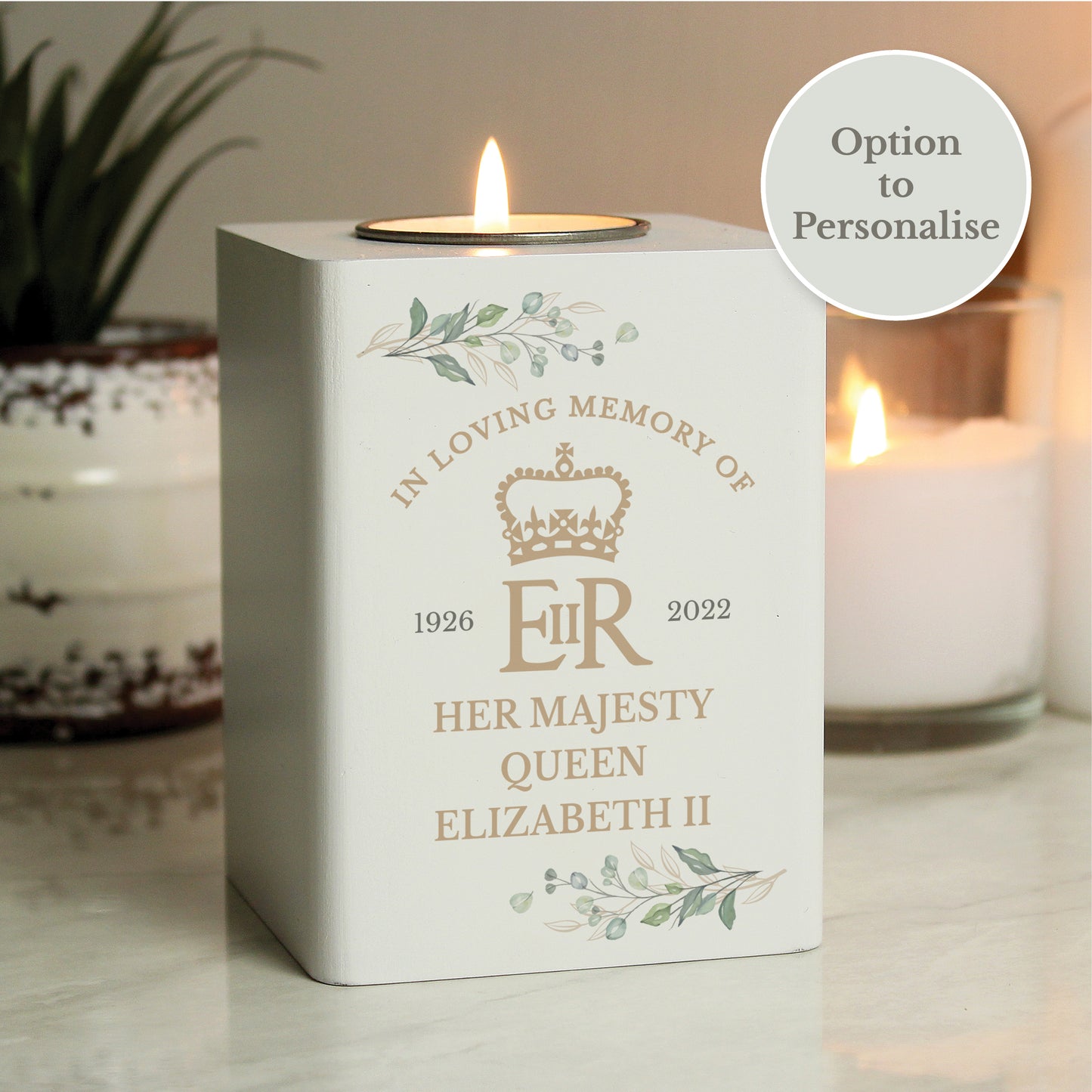 Personalised Queens Commemorative Wooden Tea Light Holder