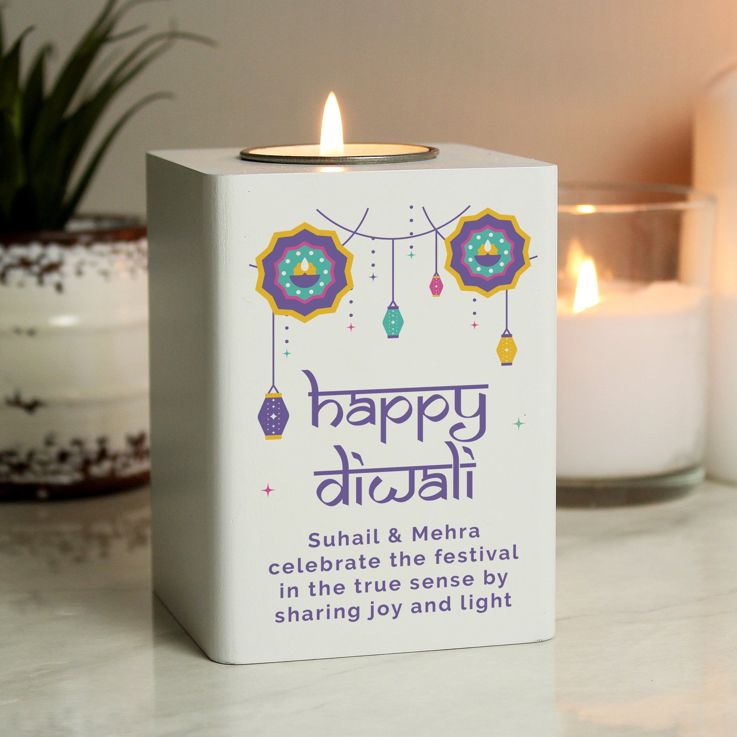 Personalised Diwali Wooden Tealight Holder